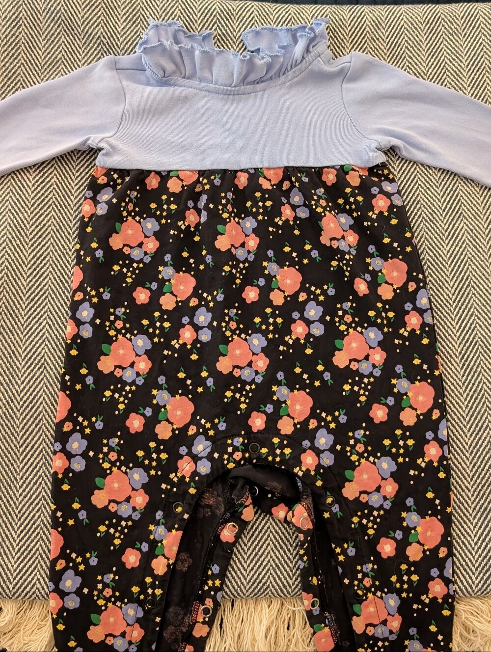 Tea Baby Floral Ruffle Neck Romper in Light Blue and Black 3-6 Months